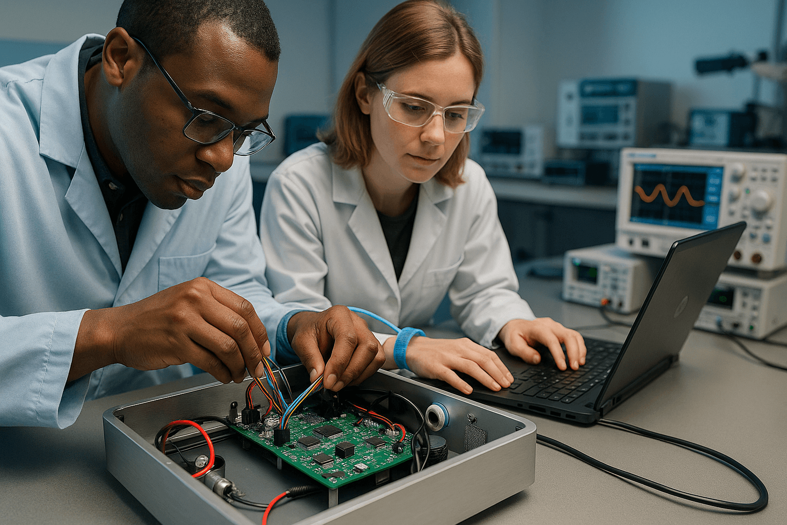 Engineers wiring PCB inside enclosure