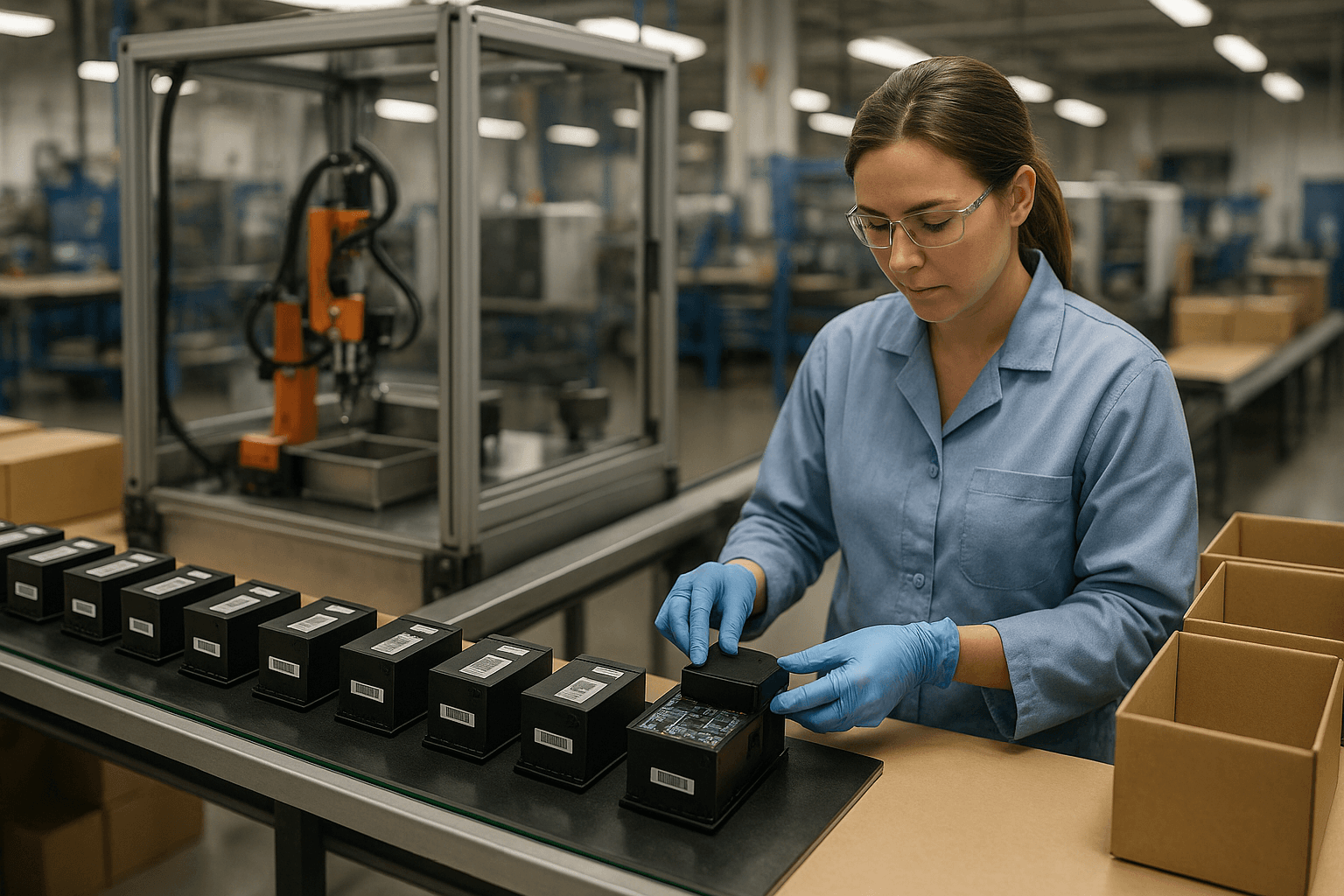 Technician inspecting boxed electronic devices